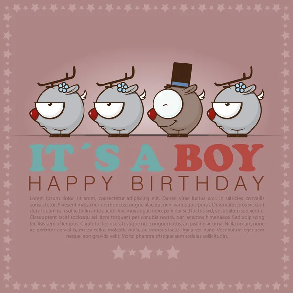 Funny happy birthday greeting card with cute cartoon deers — Stock Vector