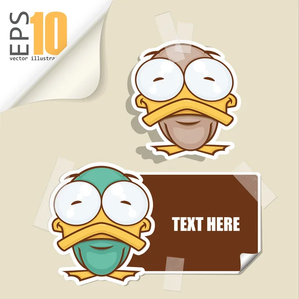 Set of message card with cartoon duck and paper duck fixed with sticky tape — Stock Vector