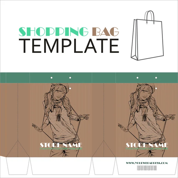 Template for paper shopping bag with girl character — Stock Vector