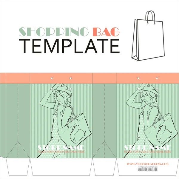 Template for paper shopping bag with girl character — Stock Vector