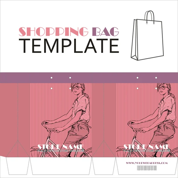 Template for paper shopping bag with girl character — Stock Vector