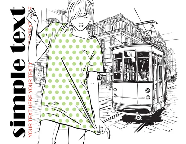 Vector illustration of a fashion girl and old tram. — Stock Vector