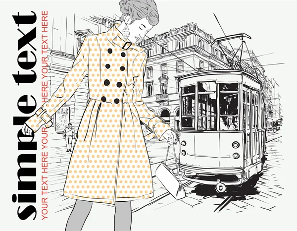 Vector illustration of a fashion girl and old tram. — Stock Vector