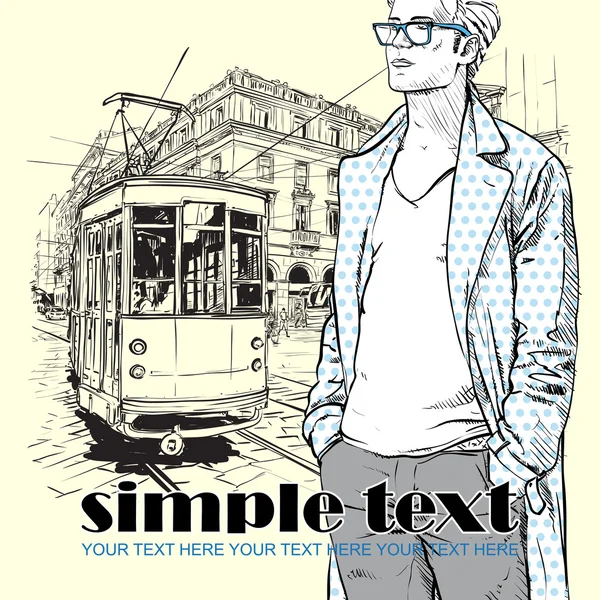 Vector illustration of a stylish guy and old tram. — Stock Vector