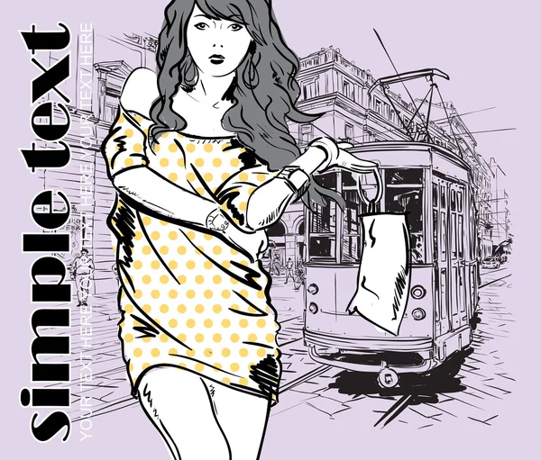 Vector illustration of a fashion girl and old tram. — Stock Vector