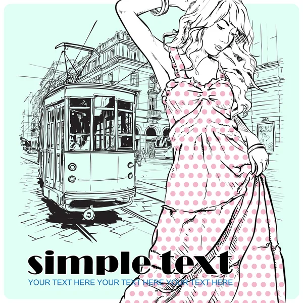 Vector illustration of a fashion girl and old tram. — Stock Vector