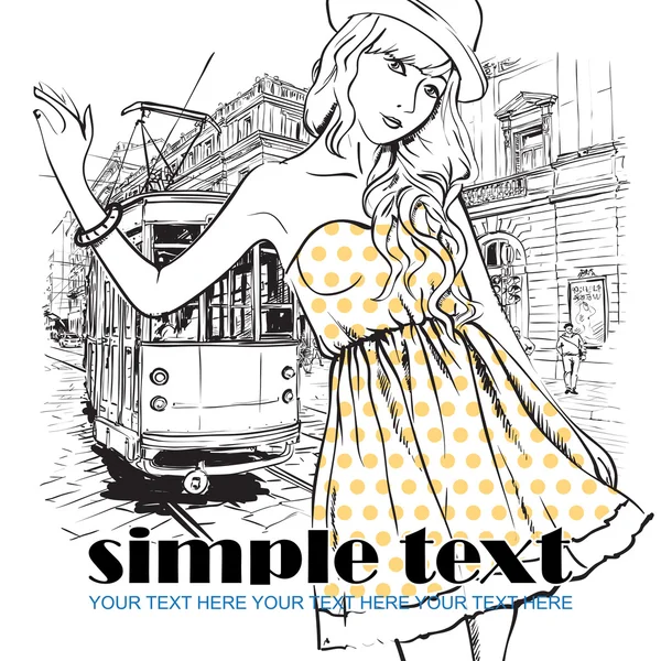 Vector illustration of a fashion girl and old tram. — Stock Vector