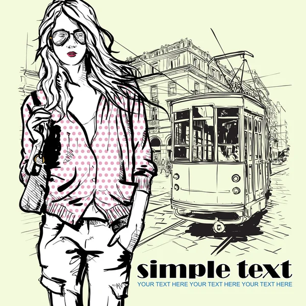 Vectorillustratie van een meisje van de mode en oude tram. — Stockvector