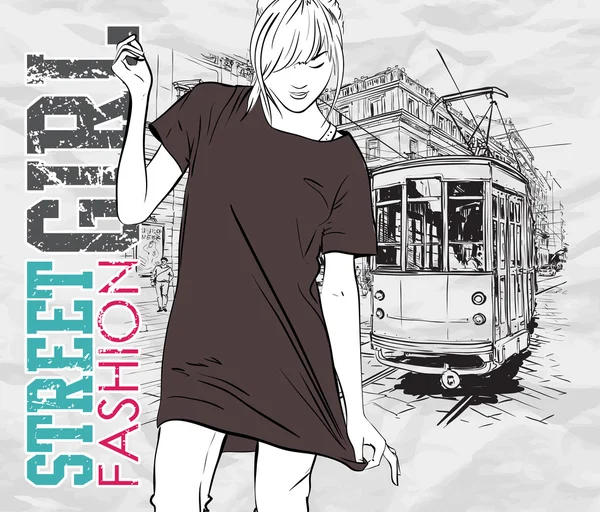 Ilustracja wektorowa moda dziewczyny i stary tramwaj. — Wektor stockowy