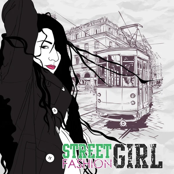 Ilustración vectorial de una chica de moda y tranvía viejo . — Vector de stock