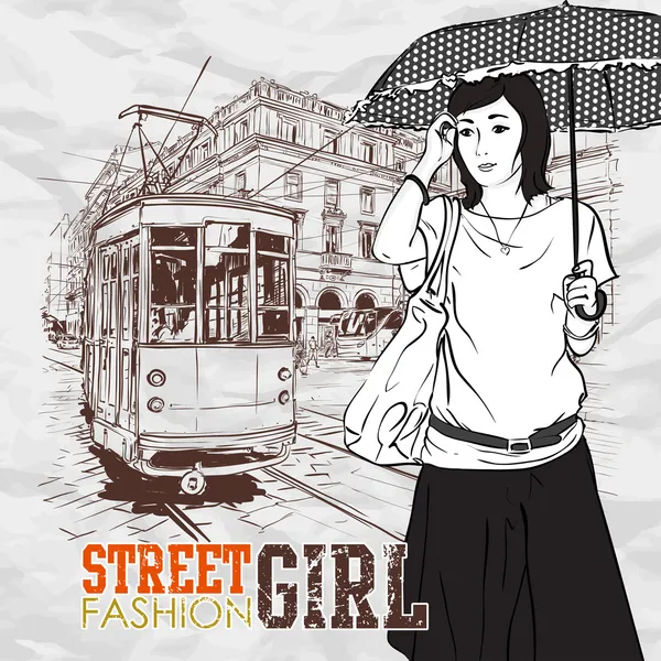 Vector illustration of a fashion girl and old tram. — Stock Vector