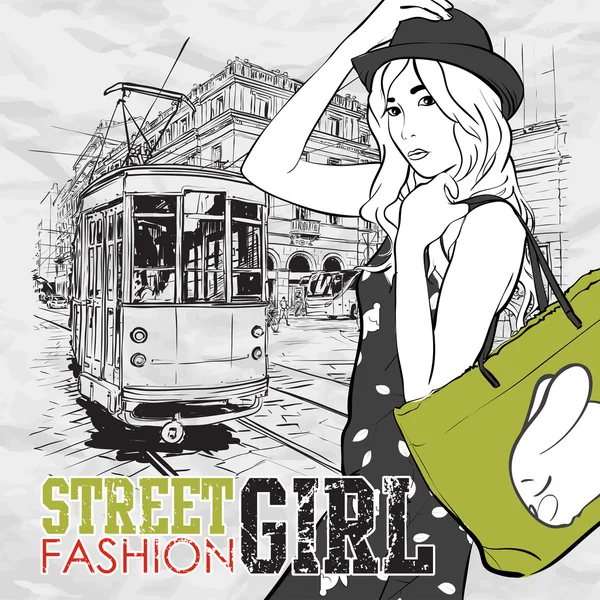 Vector illustration of a fashion girl and old tram. — Stock Vector