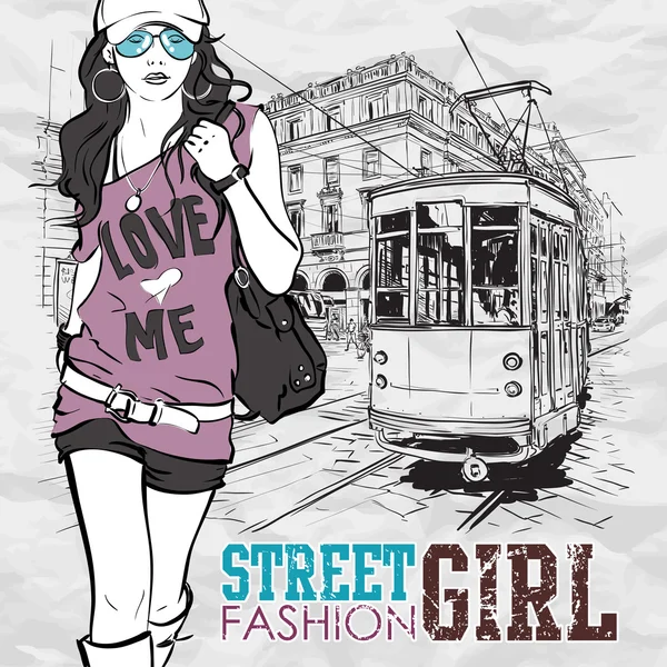 Векторная иллюстрация модной девушки и старого трамвая . — стоковый вектор