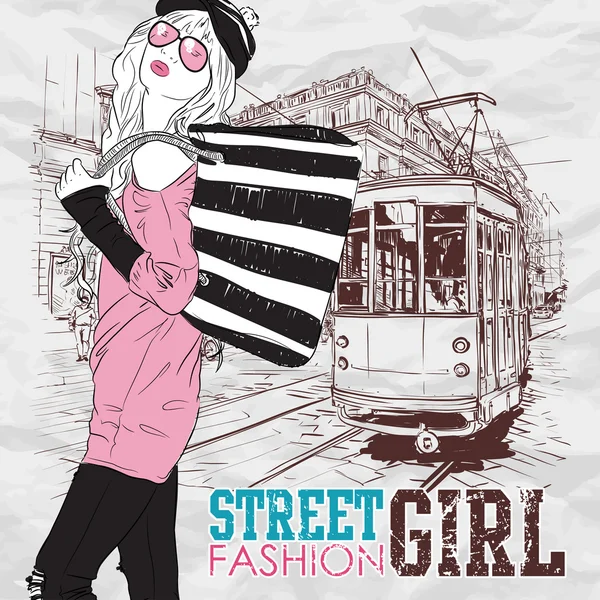 Vector illustration of a fashion girl and old tram. — Stock Vector