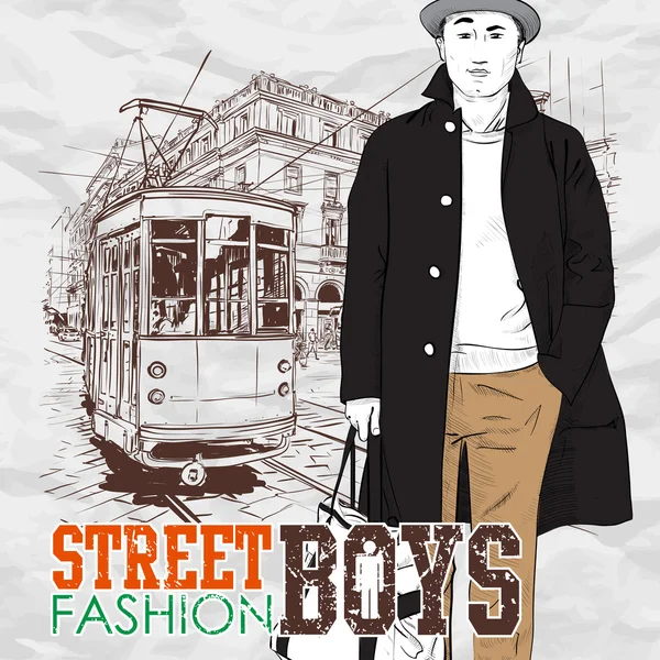 Vectorillustratie van een stijlvolle guy en oude tram. — Stockvector