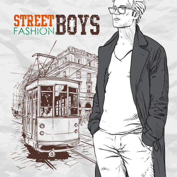 Vektor-Illustration eines stylischen Typen und einer alten Straßenbahn. — Stockvektor