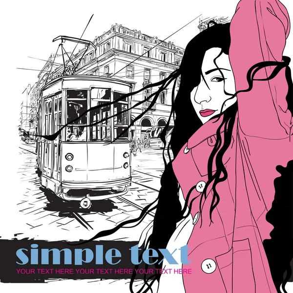 Vector illustration of a fashion girl and old tram. — Stock Vector