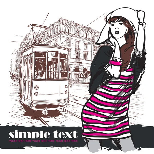 Vector illustration of a fashion girl and old tram. — Stock Vector