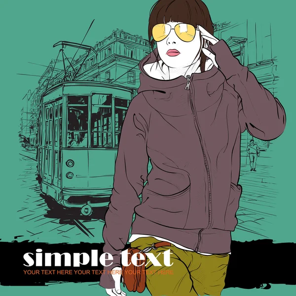 Vector illustration of a fashion girl and old tram. — Stock Vector