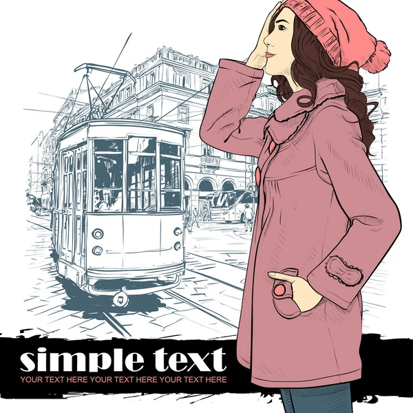 Moda güzel kız ve eski tramvay vektör çizimi — Stok Vektör