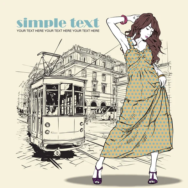Illustrazione vettoriale di bella ragazza di moda e vecchio tram — Vettoriale Stock