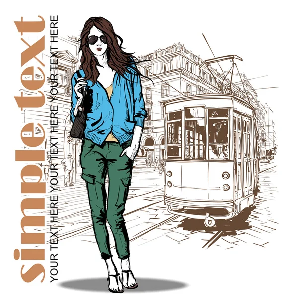 Vector illustration of pretty fashion girl and old tram — Stock Vector