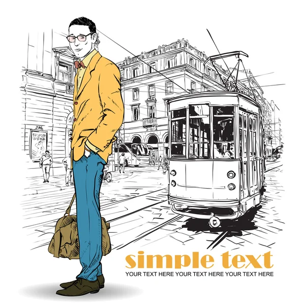 Illustrazione vettoriale di un ragazzo elegante e vecchio tram . — Vettoriale Stock