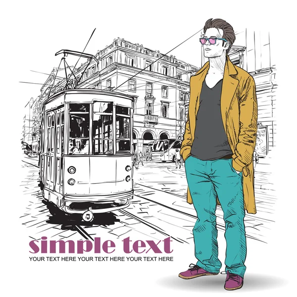 Vector illustration of a stylish guy and old tram. — Stock Vector