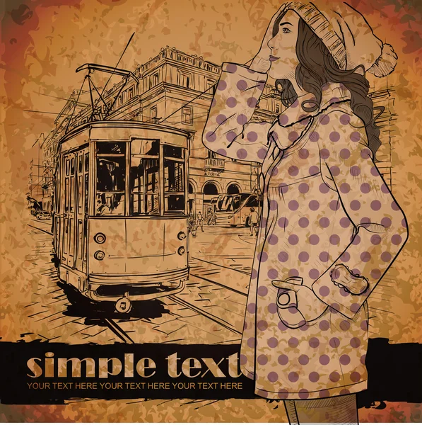 Симпатичная модная девушка и старый трамвай — стоковый вектор