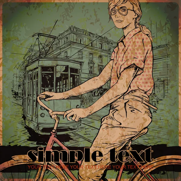 Fashion girl on bike and old tram. — Stock Vector