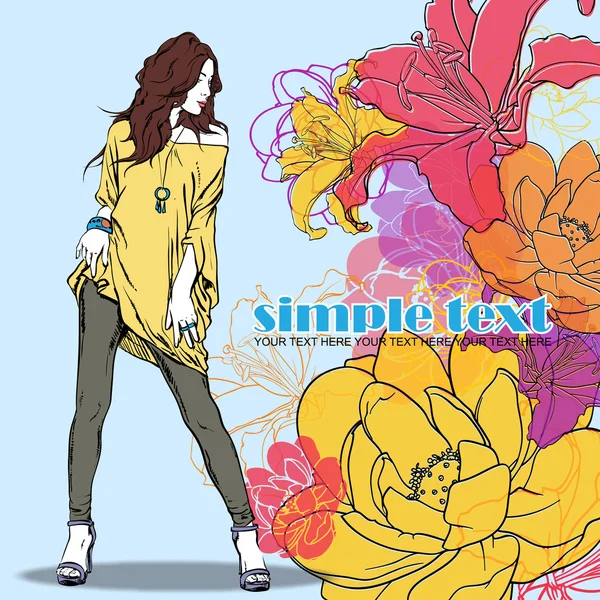 Floral vector card with fashion girl. — Stock Vector