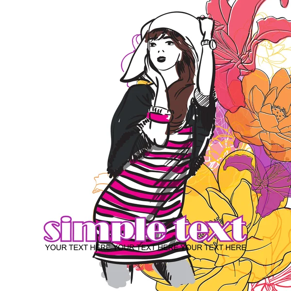 Floral vector card with fashion girl. — Stock Vector