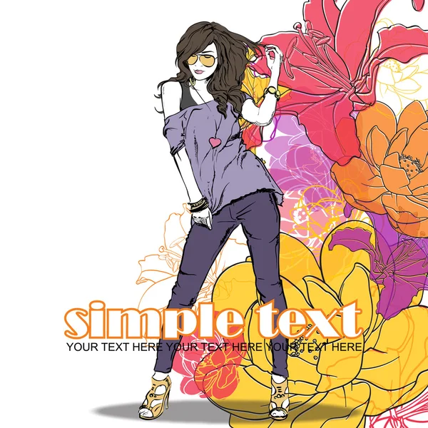 Floral vector card with fashion girl. — Stock Vector