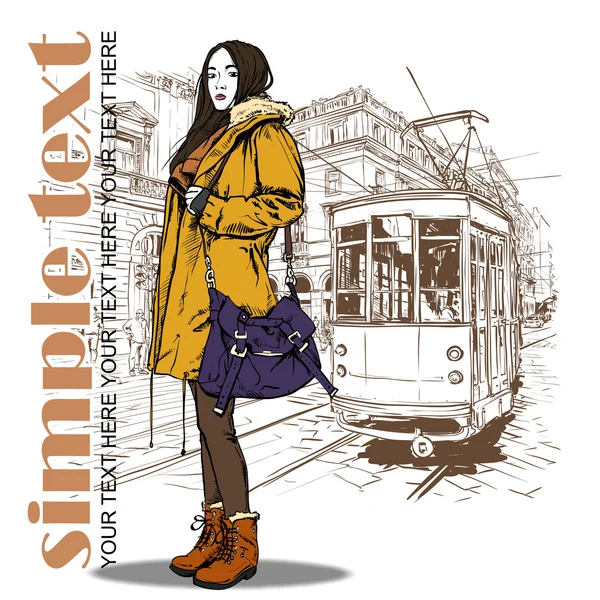 Vector illustration of a pretty fashion girl and old tram — Stock Vector