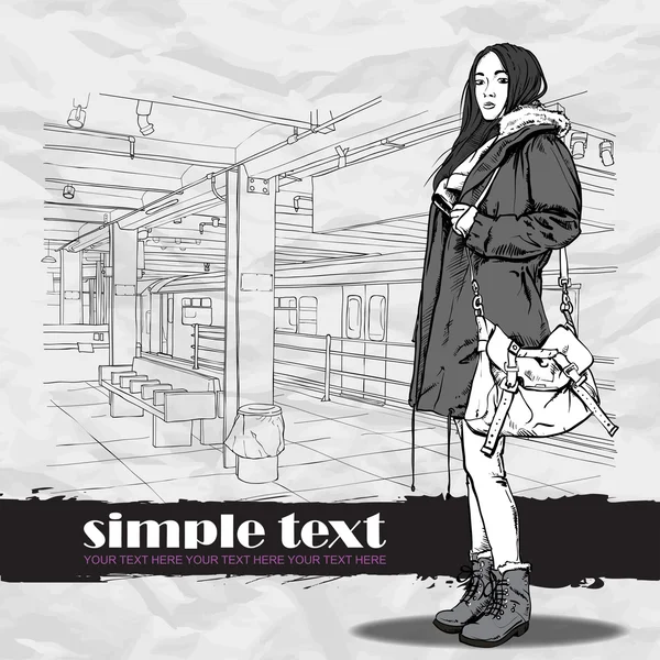 Krásná zimní móda dívka na stanici metra. — Stockový vektor