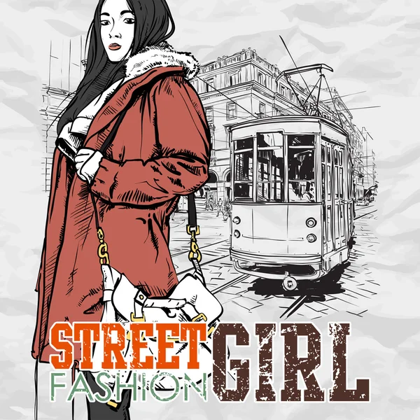 Vector illustration of a pretty fashion girl and old tram — Stock Vector