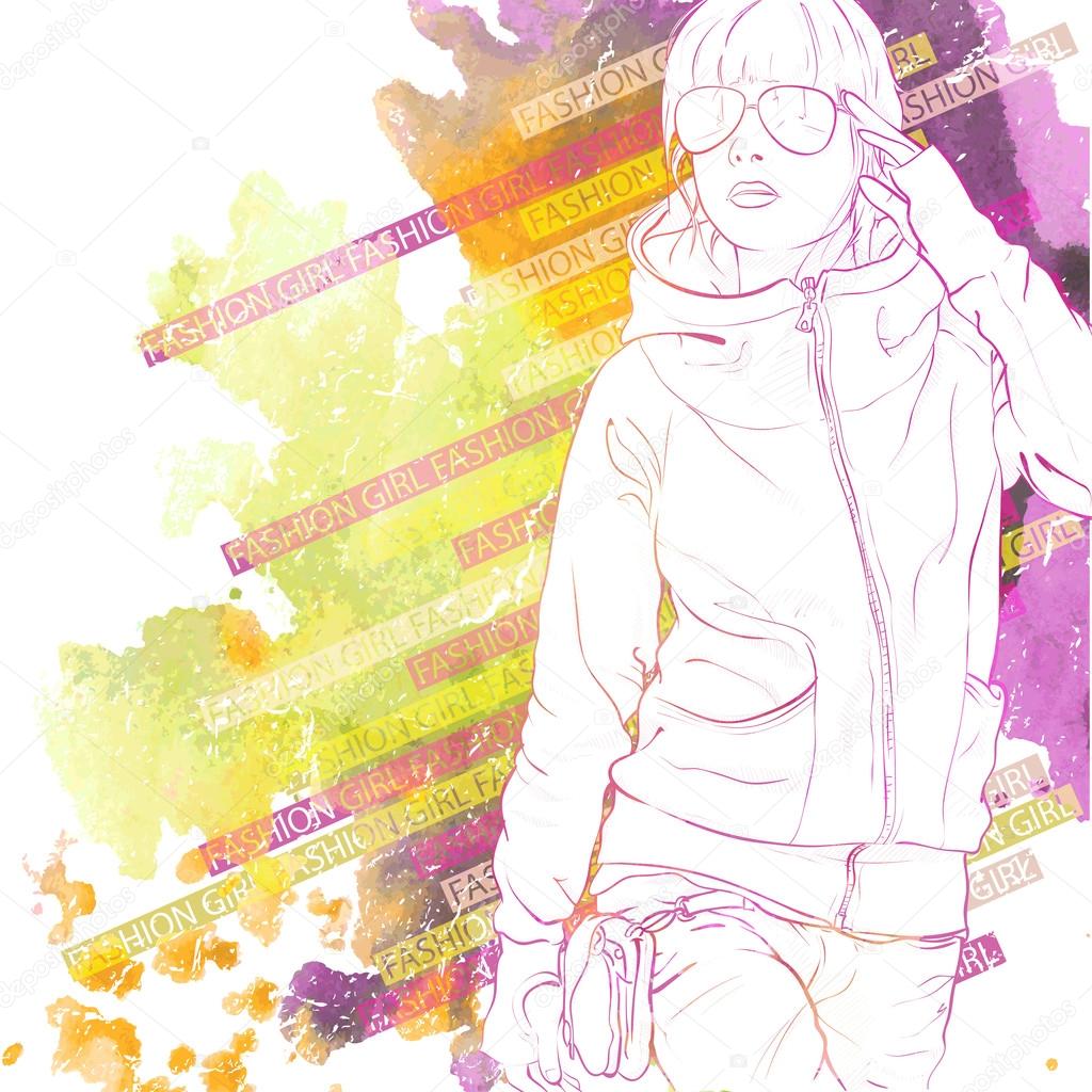 水彩スケッチ風でかわいい女の子のイラスト背景 — ストックベクター