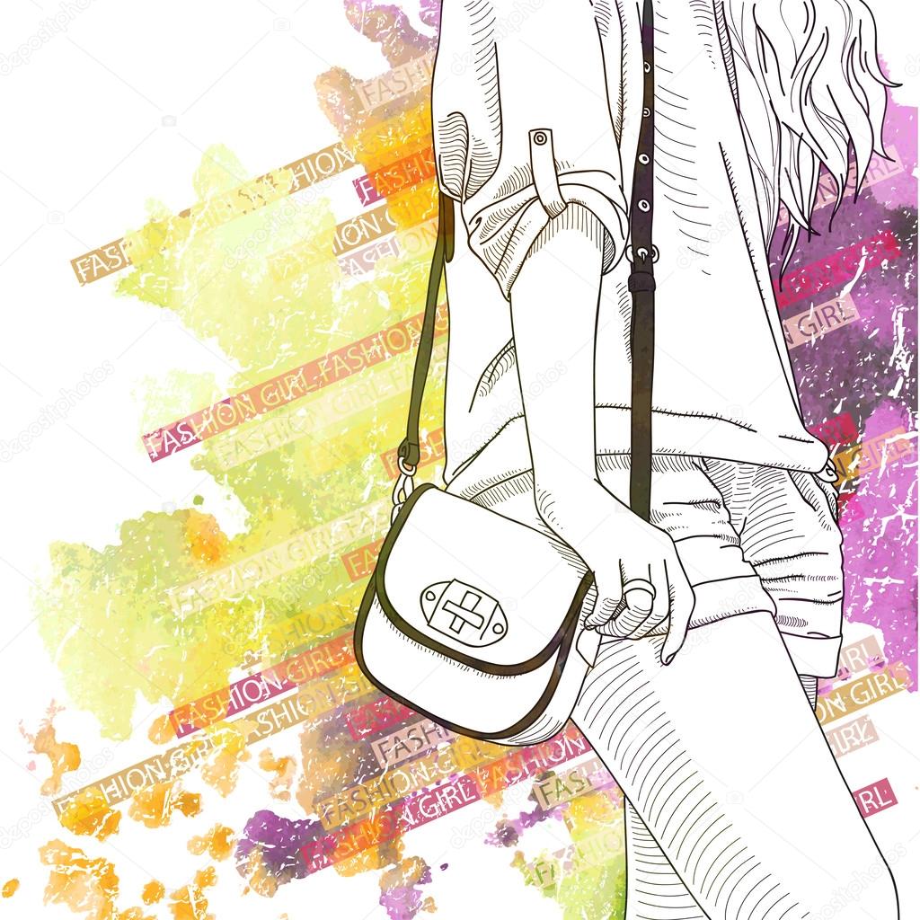 Watercolor Background With Illustration Of Pretty Girl In Sketch