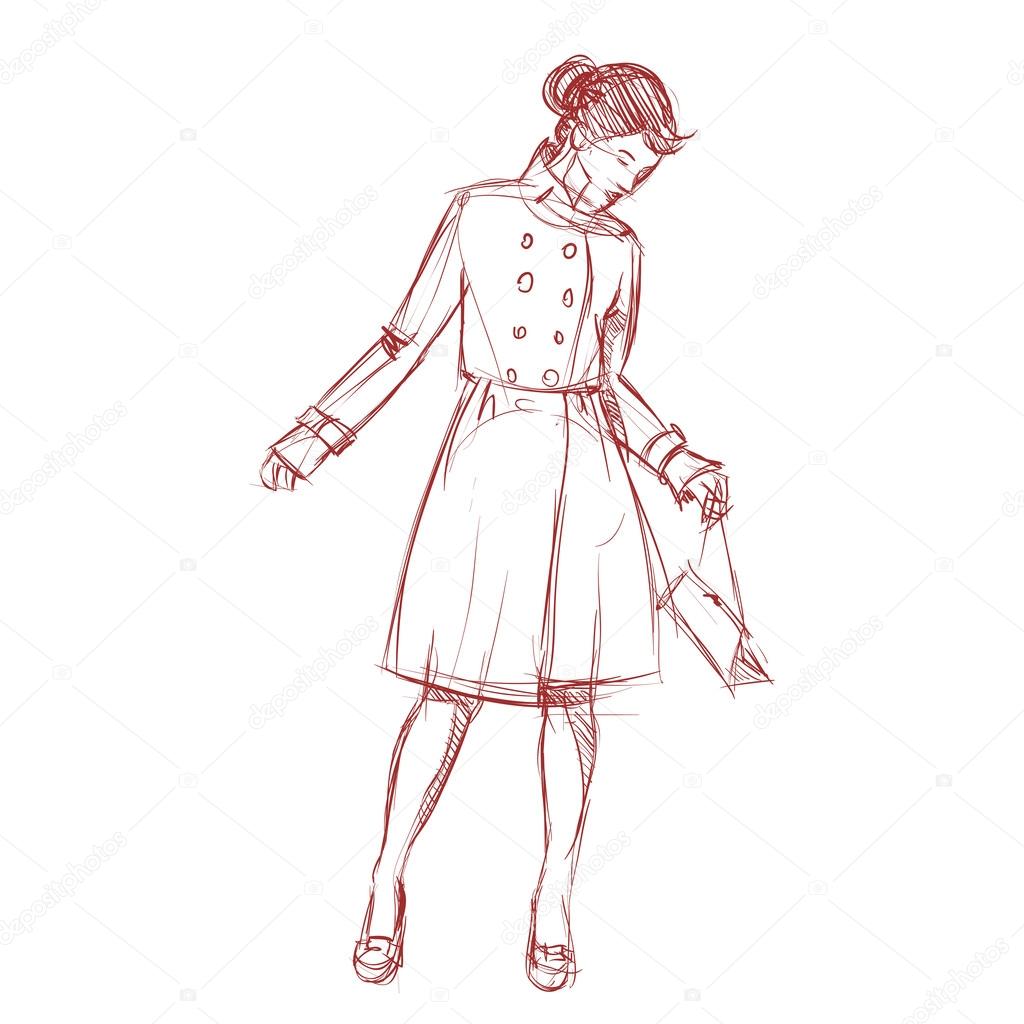 Hand drawing of a pretty fashion girl in sketch style