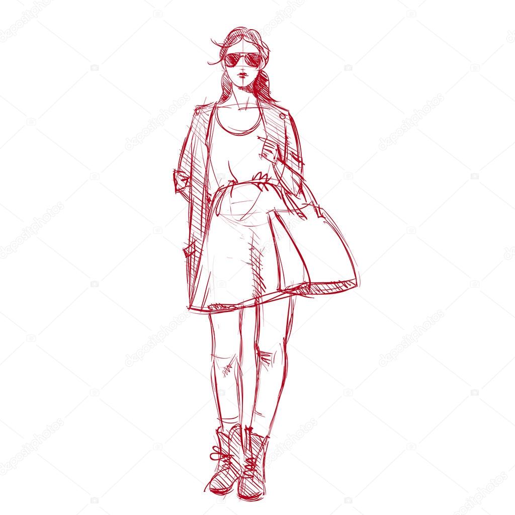 Strony Rysunku ładna Dziewczyna Moda W Stylu Szkic Grafika