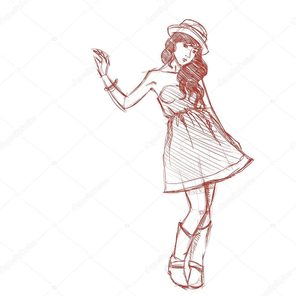Strony Rysunku ładna Dziewczyna Moda W Stylu Szkic Grafika