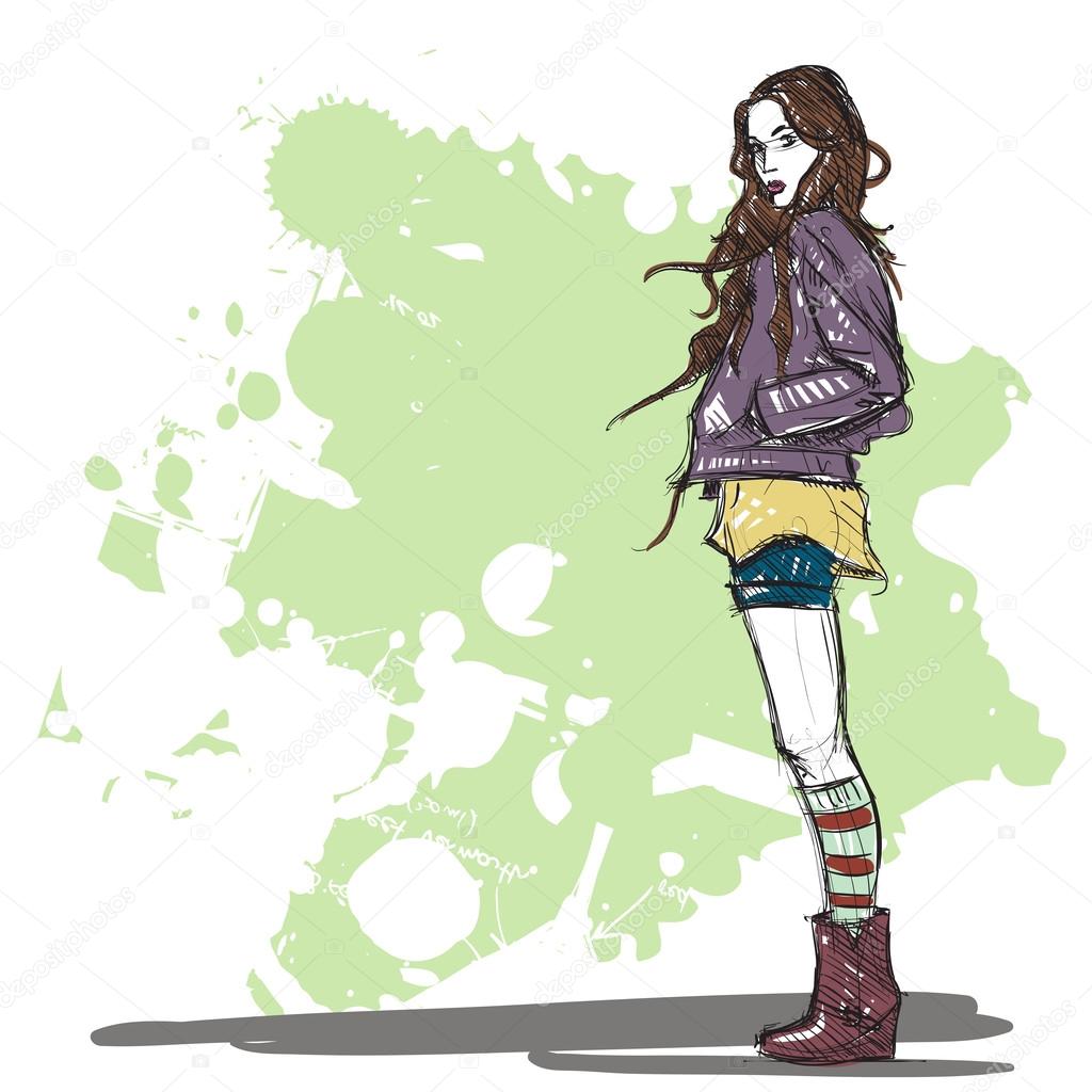 Hand drawing of a pretty fashion girl in sketch style