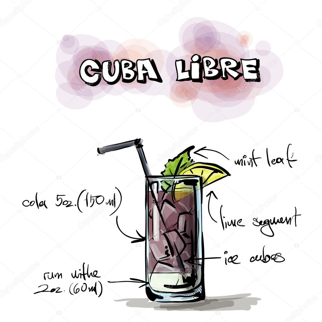Hand drawn illustration of cocktail. Cuba libre