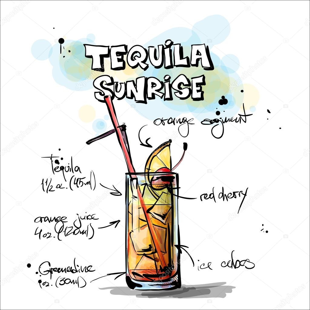 Hand drawn illustration of cocktail. TEQUILA SUNRISE