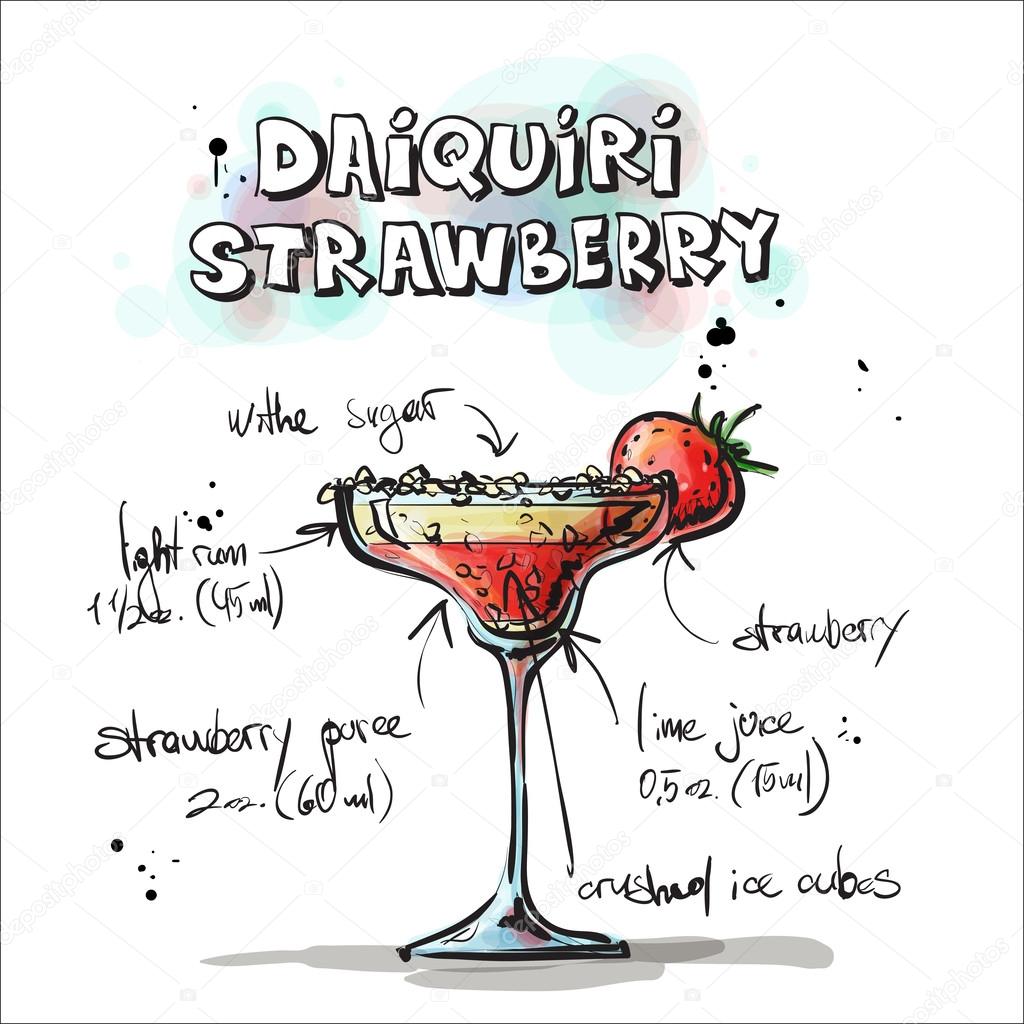 Hand drawn illustration of cocktail. DAIQUIRI STRAWBERRY