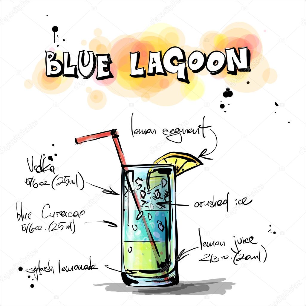 Hand drawn illustration of cocktail. BLUE LAGOON