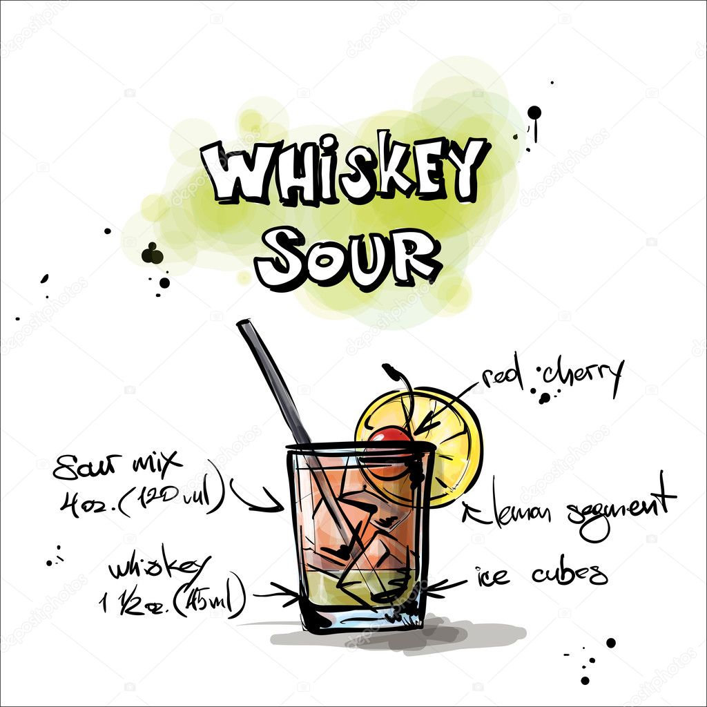 Hand drawn illustration of cocktail. WHISKEY SOUR