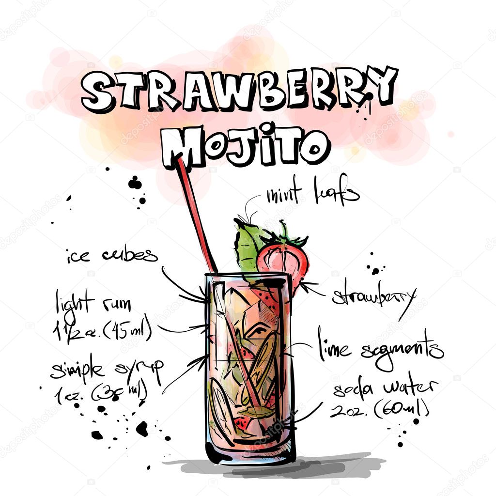 Hand drawn illustration of cocktail. STRAWBERRY MOJITO