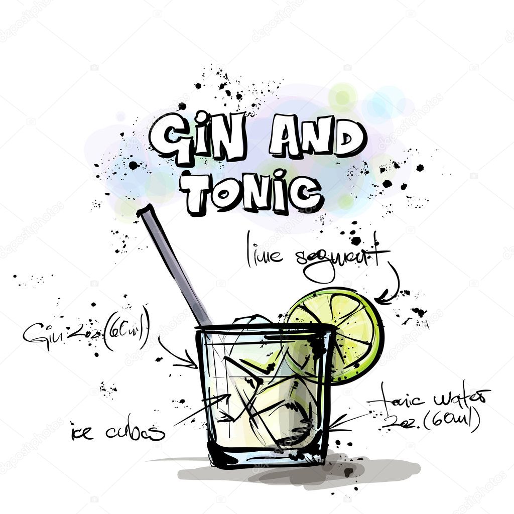 Hand drawn illustration of cocktail. GIN and TONIC