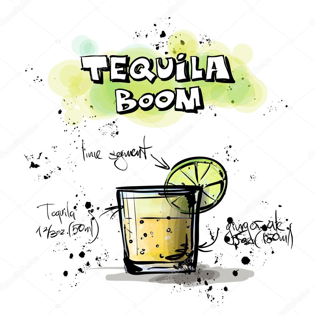 Hand drawn illustration of cocktail. TEQUILA BOOM